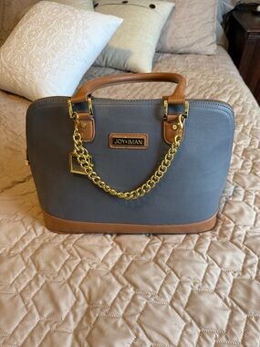 Joy & Iman Gray and Tan Satchel with Gold Chain Accent